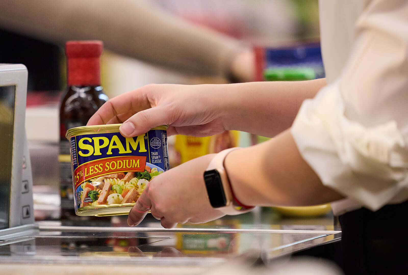 SPAM less sodium at checkout in a retail store